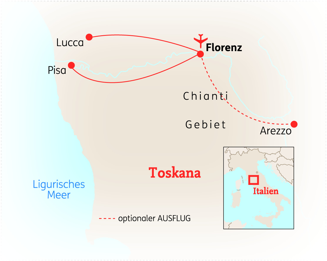 Karte von Italien mit den Städten Florenz, Pisa, Lucca und Arezzo in der Toskana.