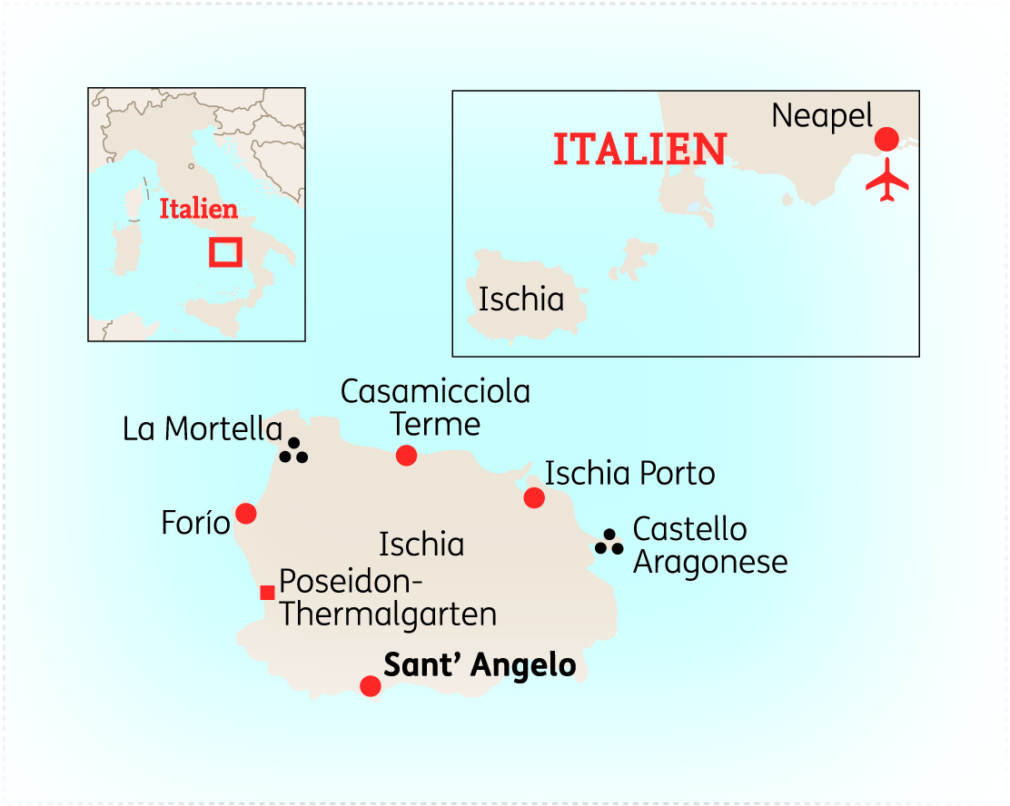 Karte von Italien mit den wichtigsten Orten auf der Insel Ischia, einschließlich Neapel und Sant' Angelo.