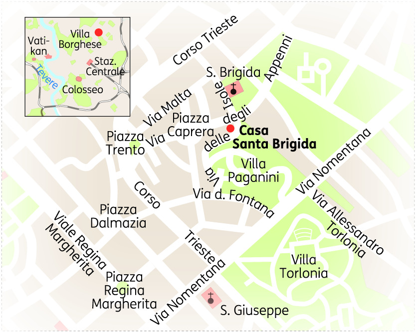 Karte von Rom mit wichtigen Orten wie Casa Santa Brigida und Villa Borghese in einem klaren, detaillierten Design.