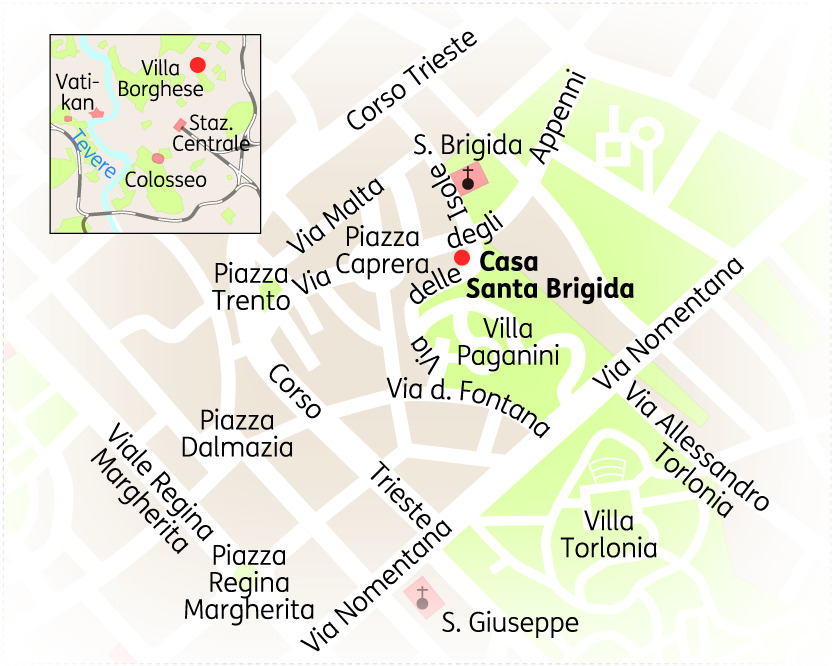 Karte von Rom mit markierten Straßen und Sehenswürdigkeiten, einschließlich Casa Santa Brigida.