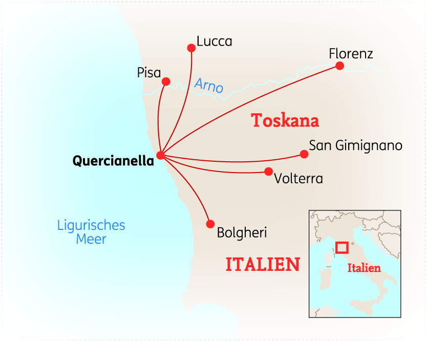 Karte von Italien mit den wichtigsten Städten in der Toskana, darunter Pisa, Lucca und Florenz.
