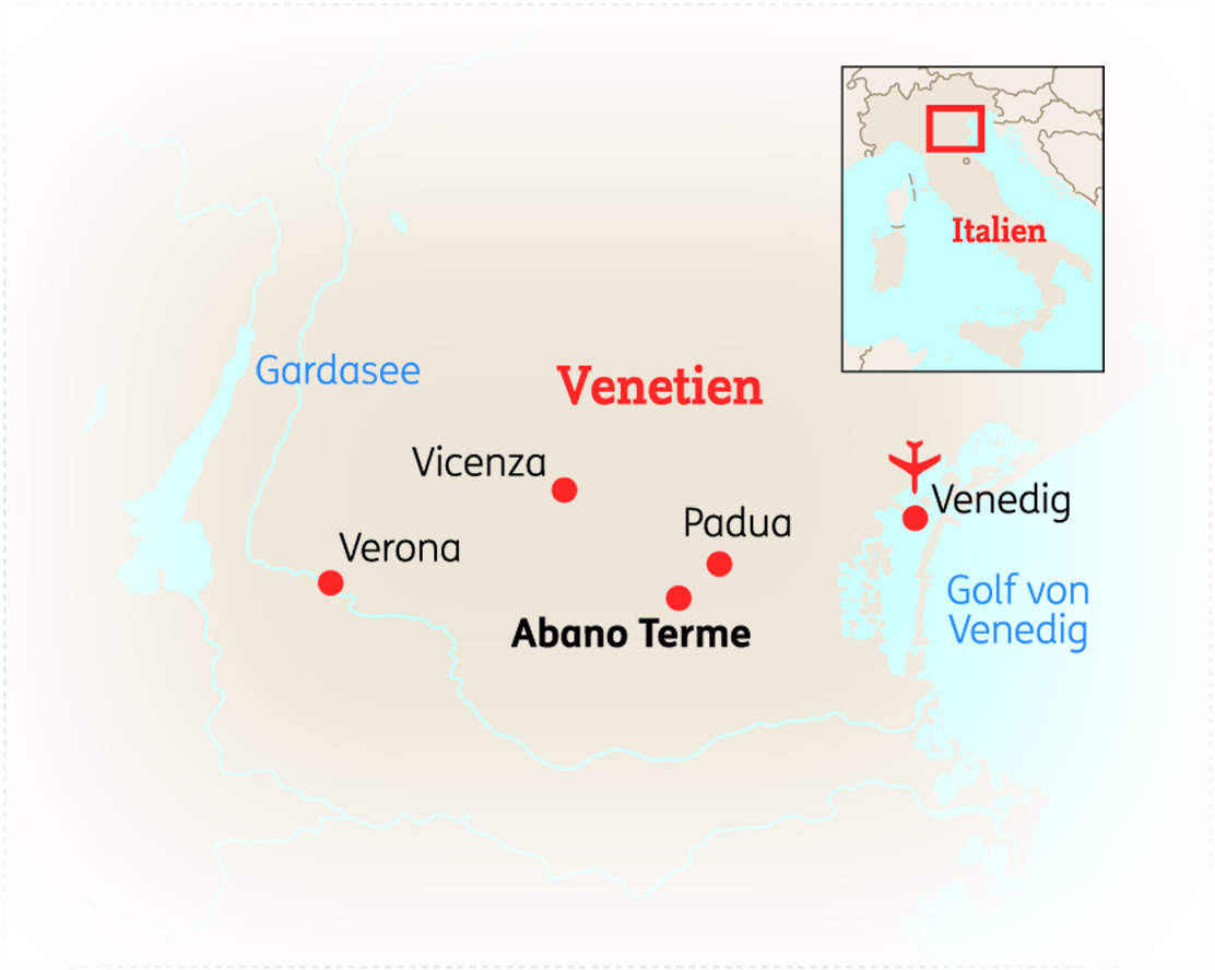 Karte von Venetien in Italien mit Abano Terme, Venedig, Gardasee, Vicenza, Verona und Padua markiert.
