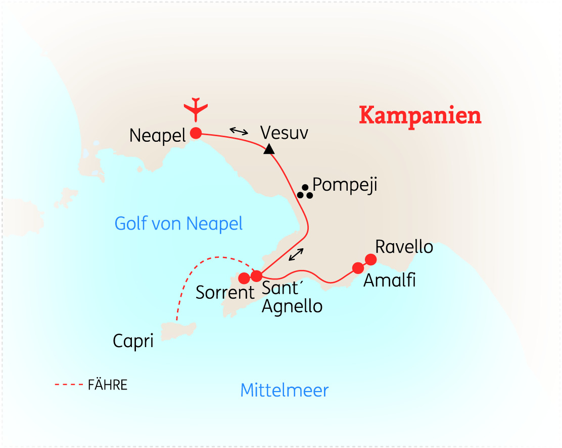 Karte von Kampanien mit wichtigen Städten und Sehenswürdigkeiten wie Neapel, Vesuv und Pompeji.