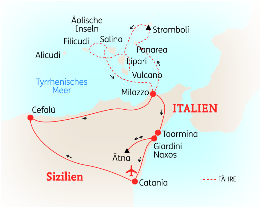 Karte von Italien mit Routen und Städten, einschließlich Sizilien und Ätna, in klarer Darstellung.