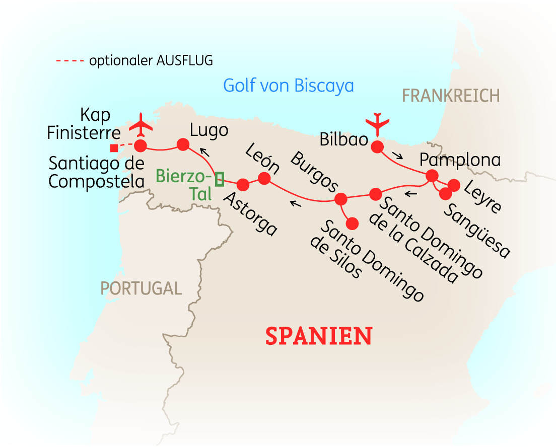 Karte von Spanien mit dem Jakobsweg, der Santiago de Compostela verbindet, und wichtigen Städten wie León und Bilbao.