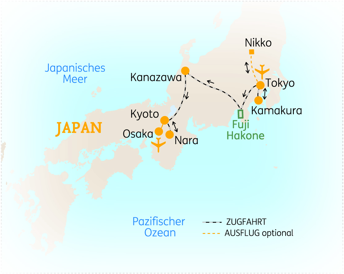 Karte von Japan mit markierten Städten wie Tokyo, Kyoto und Osaka sowie wichtigen Reiseverbindungen.
