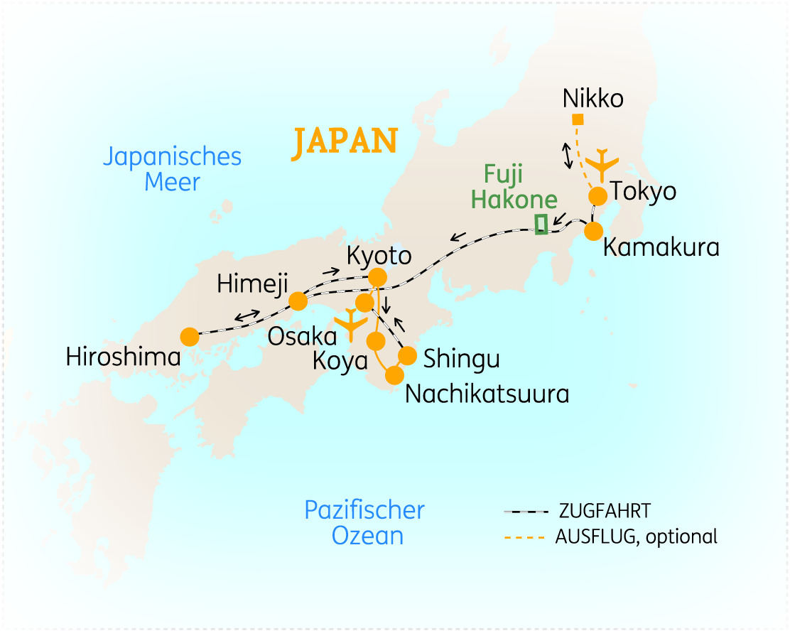 Karte von Japan mit wichtigen Städten und Sehenswürdigkeiten wie Tokio, Kyoto und Hiroshima.