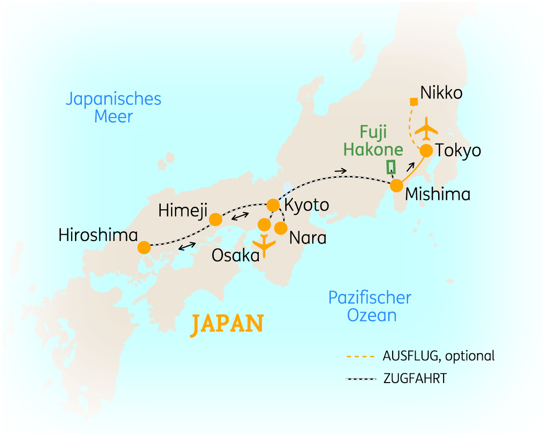 Karte von Japan mit wichtigen Städten und Routen, einschließlich Tokyo, Osaka und Hiroshima.