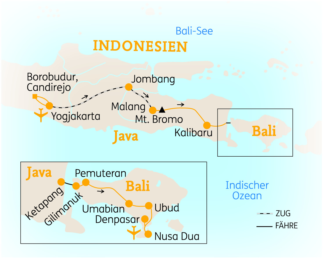 Karte von Java und Bali in Indonesien mit wichtigen Städten und Routen für Reisen.