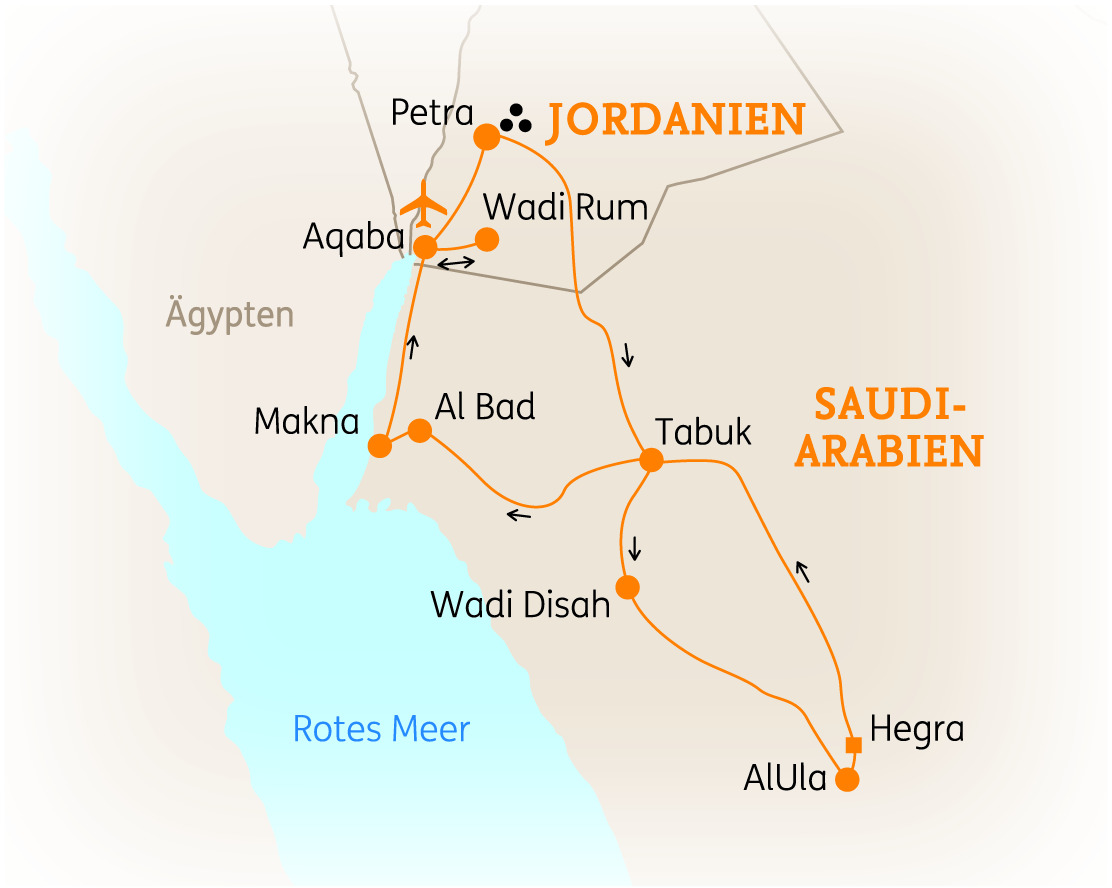 Karte von Jordanien mit wichtigen Städten und Routen, einschließlich Petra, Wadi Rum und Aqaba.