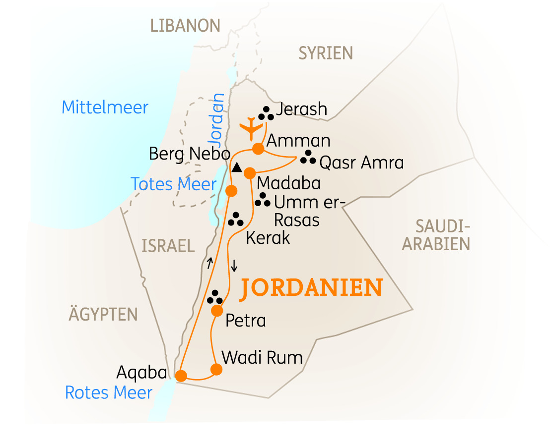 Karte von Jordanien mit wichtigen Städten und Sehenswürdigkeiten wie Amman, Petra und Wadi Rum.