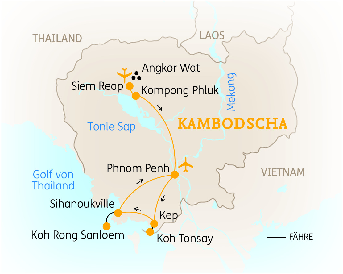 Karte von Kambodscha mit wichtigen Städten und Sehenswürdigkeiten wie Angkor Wat und Tonle Sap.