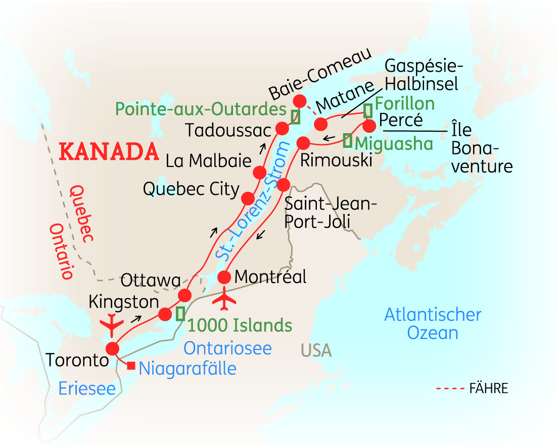 Karte von Kanada mit markierten Städten und Routen, einschließlich Quebec und Toronto.