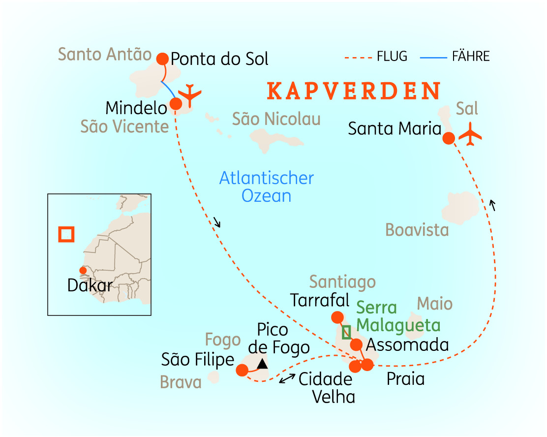 Karte der Kapverden mit wichtigen Städten und Flugverbindungen, einschließlich Dakar.