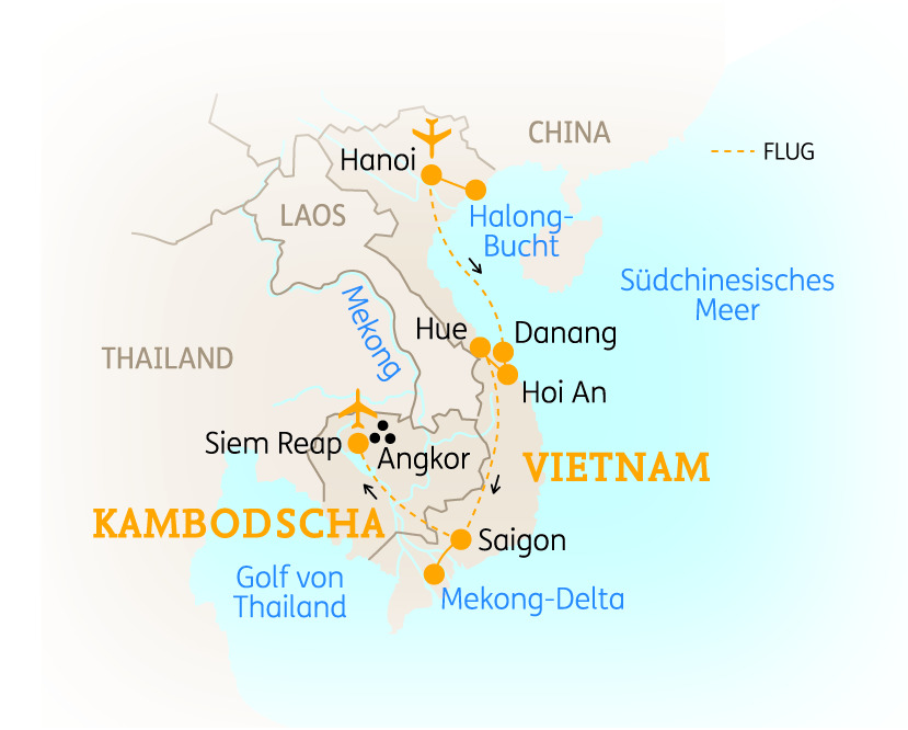 Karte von Vietnam und Kambodscha mit wichtigen Städten und Routen, einschließlich Hanoi, Siem Reap und dem Mekong-Delta.