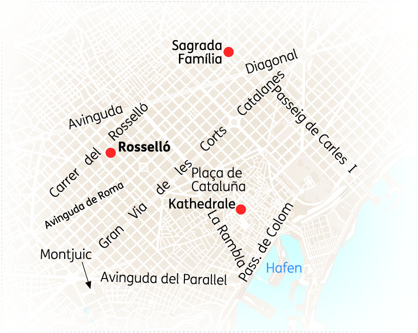 Karte von Barcelona mit markierten Orten wie Sagrada Familia und Placa de Catalunya.