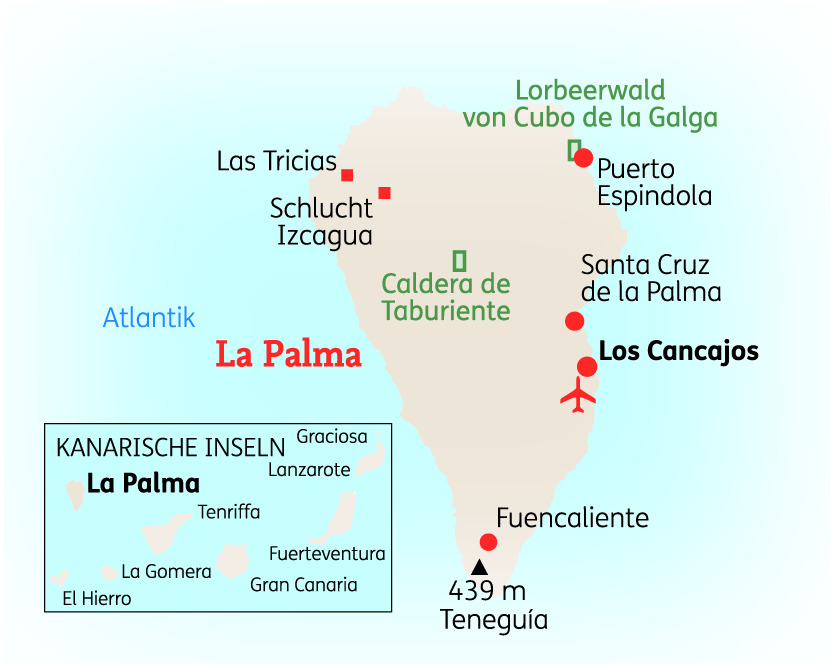 Karte von La Palma mit wichtigen Orten und geografischen Merkmalen, einschließlich Caldera de Taburiente und Santa Cruz de La Palma.