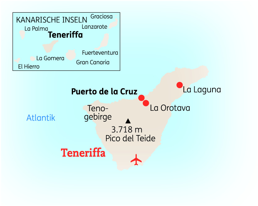 Karte von Teneriffa mit wichtigen Orten wie Puerto de la Cruz und dem Pico del Teide.