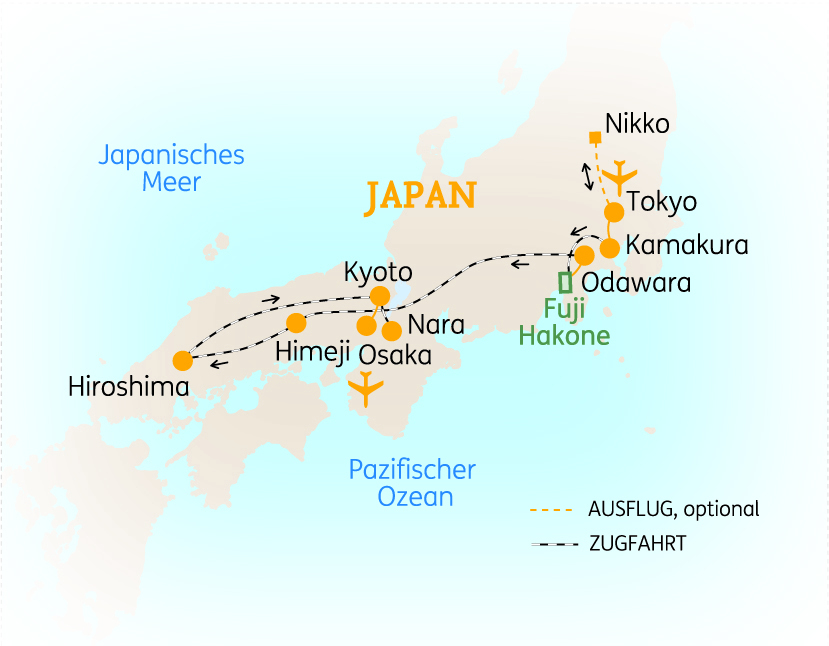 Karte von Japan mit wichtigen Städten und Sehenswürdigkeiten, einschließlich Tokio, Kyoto und Hiroshima.
