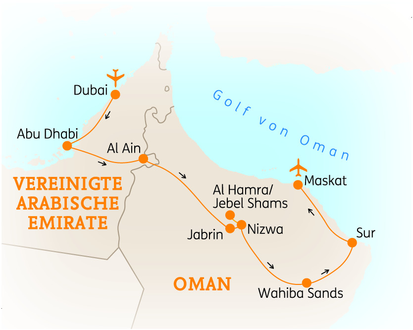 Karte der Vereinigten Arabischen Emirate und Oman mit wichtigen Städten und geografischen Merkmalen.