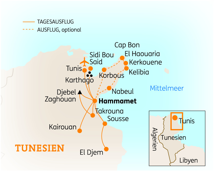 Karte von Tunesien mit wichtigen Städten und Sehenswürdigkeiten, einschließlich Karthago und Hammamet.