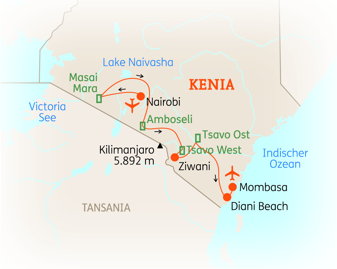 Karte von Kenia mit wichtigen Orten wie Nairobi, Kilimanjaro und Diani Beach, sowie Routen und Sehenswürdigkeiten.