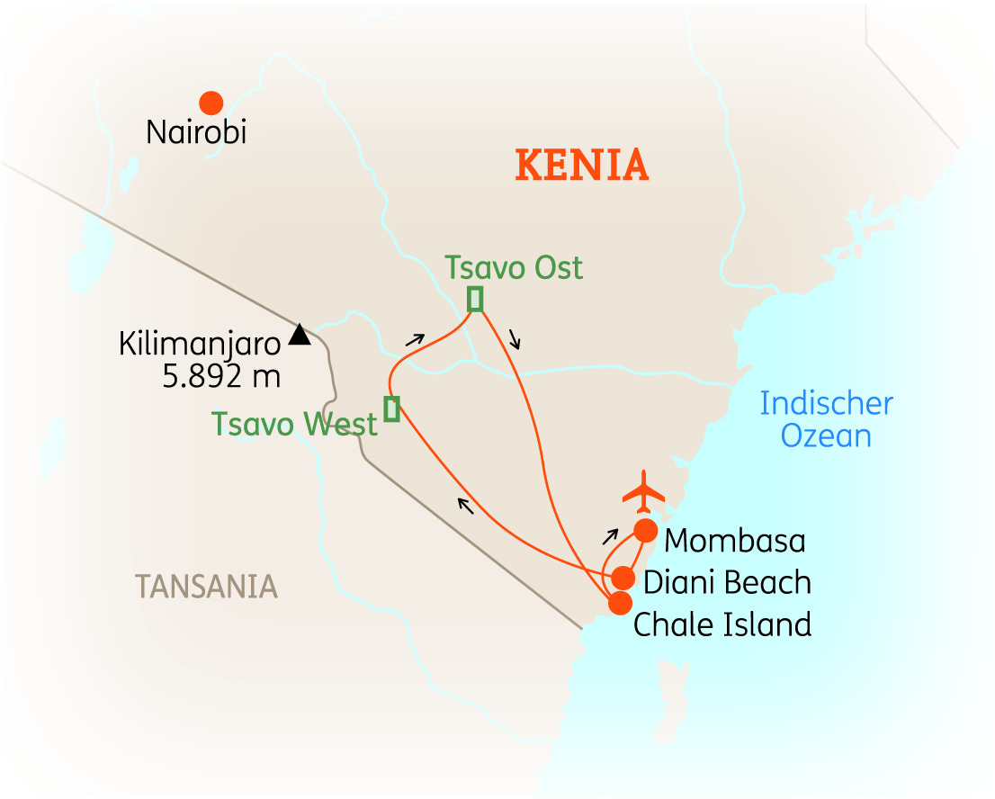 Karte von Kenia mit wichtigen Orten wie Nairobi, Kilimanjaro, Tsavo Ost, Tsavo West, Mombasa, Diani Beach und Chale Island.
