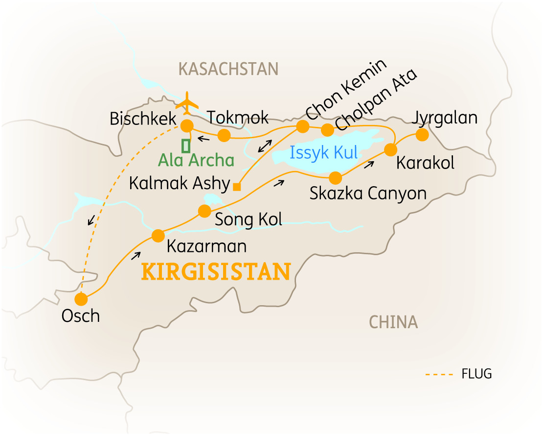 Karte von Kirgisistan mit wichtigen Städten und Sehenswürdigkeiten, einschließlich Issyk Kul und Bischkek.