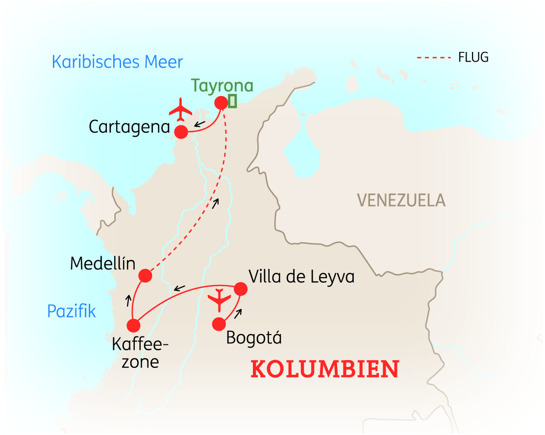 Karte von Kolumbien mit wichtigen Städten wie Bogotá, Medellín und Cartagena sowie Flugverbindungen.