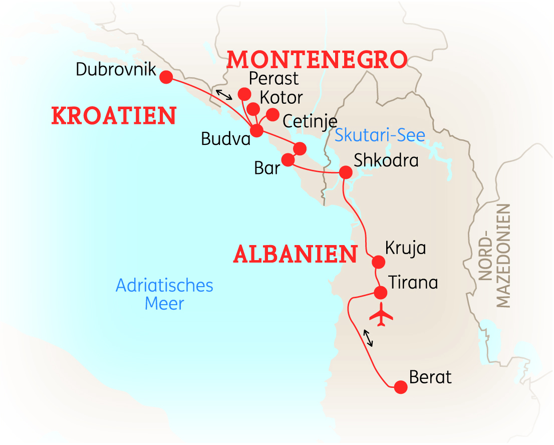 Karte von Kroatien, Montenegro und Albanien mit wichtigen Städten und dem Adriatischen Meer.