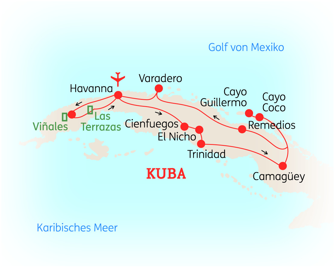Karte von Kuba mit wichtigen Städten und Routen, einschließlich Havanna und Varadero.