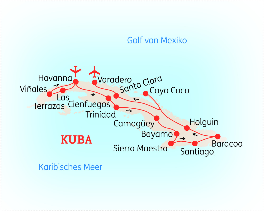 Karte von Kuba mit wichtigen Städten und geografischen Merkmalen, einschließlich Golf von Mexiko und Karibisches Meer.