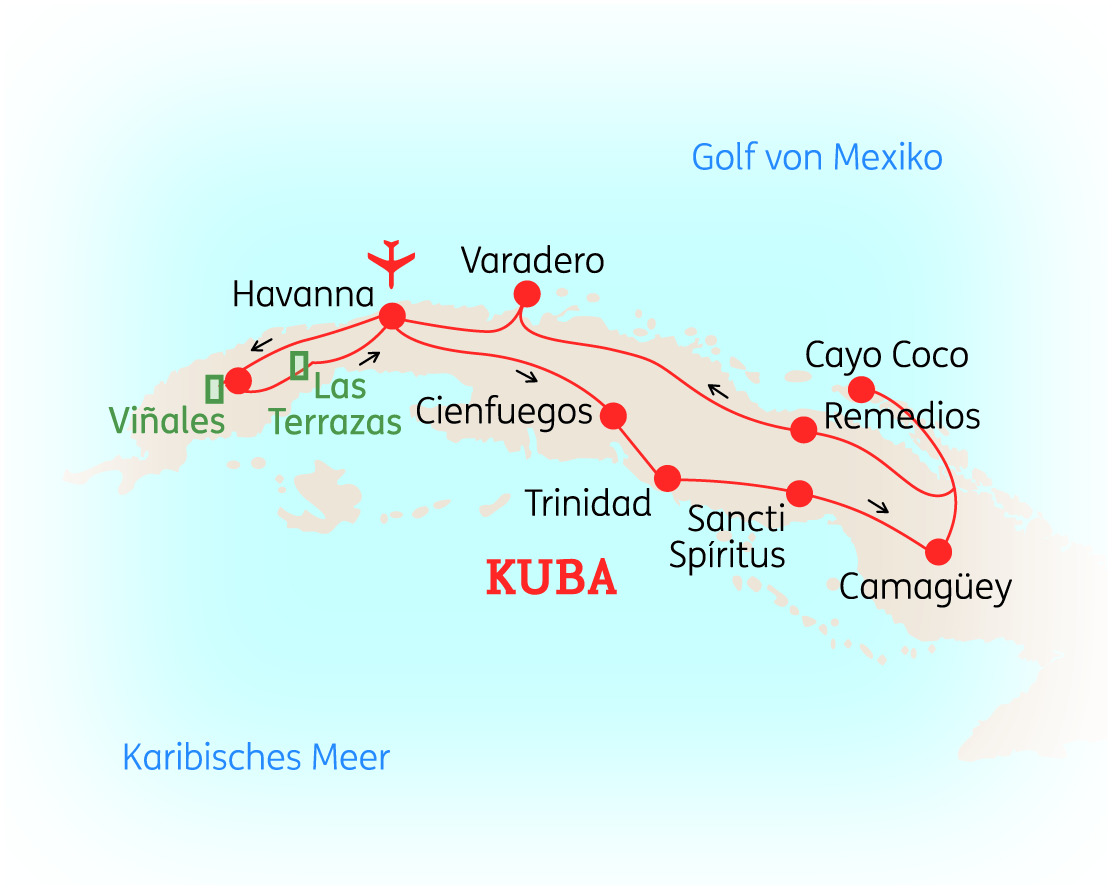 Karte von Kuba mit wichtigen Städten und Routen, einschließlich Havanna, Varadero und Trinidad, im klaren Design.