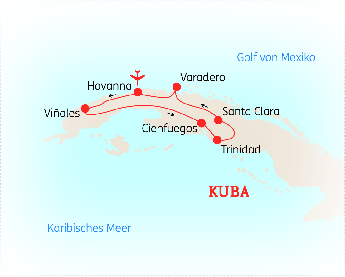 Karte von Kuba mit eingezeichneten Städten wie Havanna, Varadero und Trinidad sowie dem Karibischen Meer.