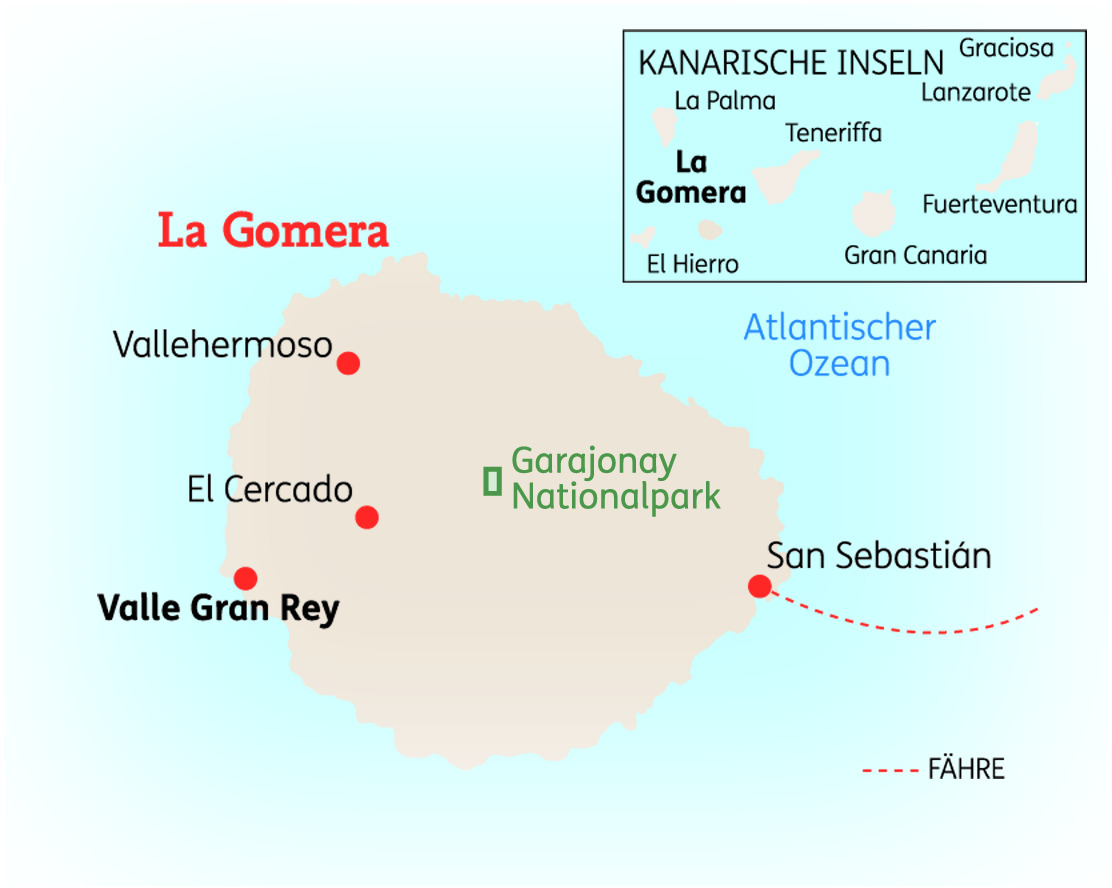 Karte von La Gomera mit wichtigen Orten und dem Garajonay Nationalpark im Detail.