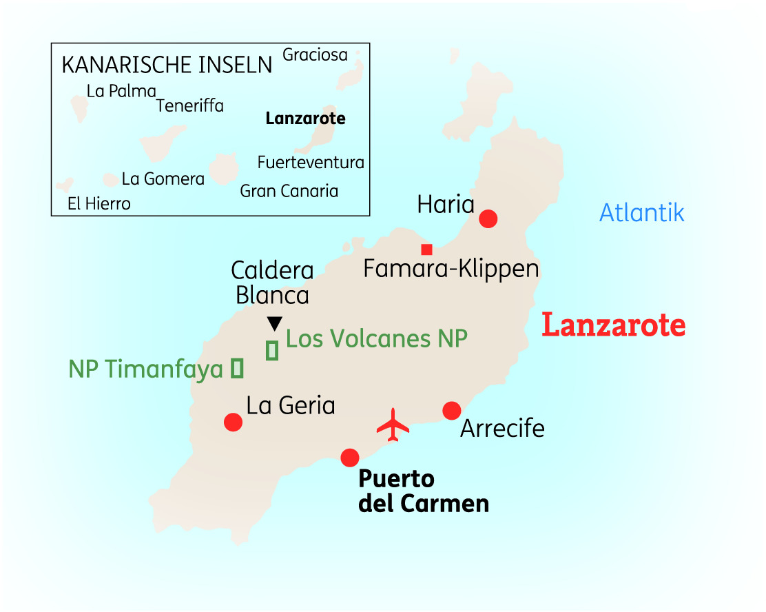 Karte der Kanarischen Insel Lanzarote mit wichtigen Orten und Nationalparks in einem klaren Design.