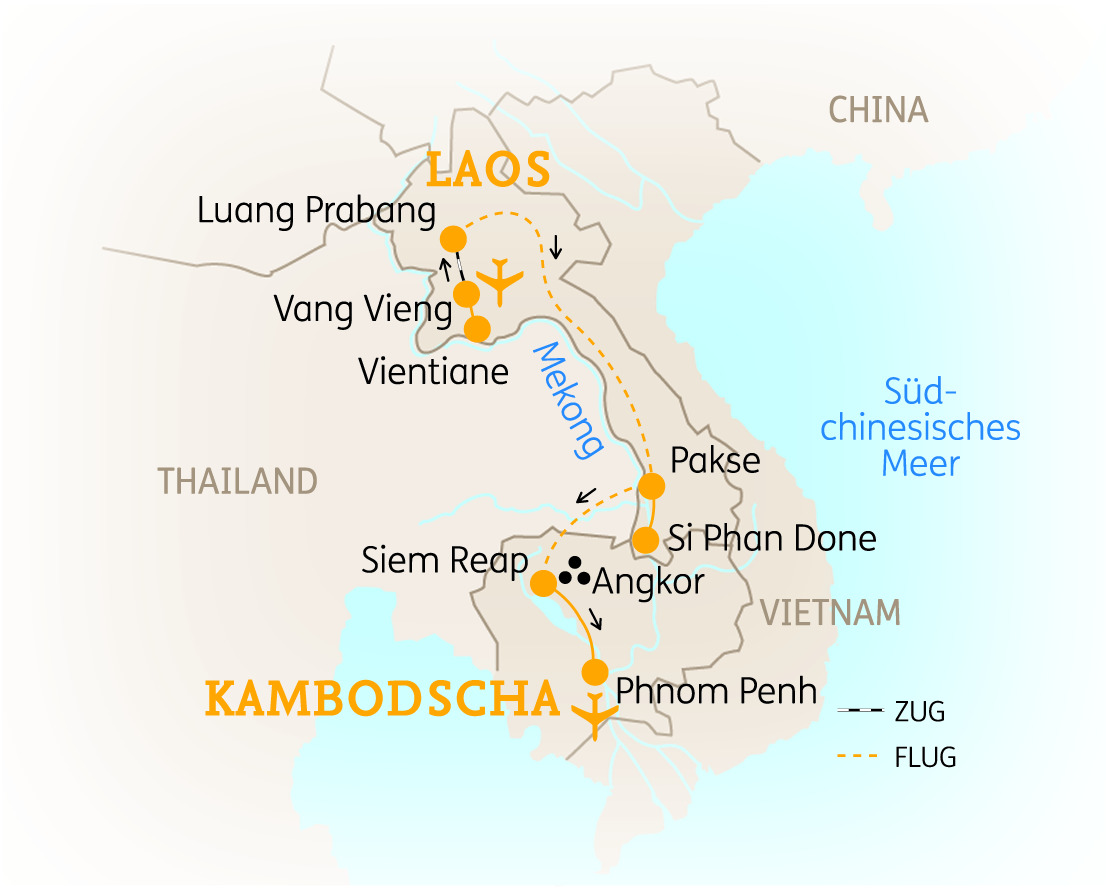 Karte von Laos und Kambodscha mit wichtigen Städten und dem Mekongfluss.