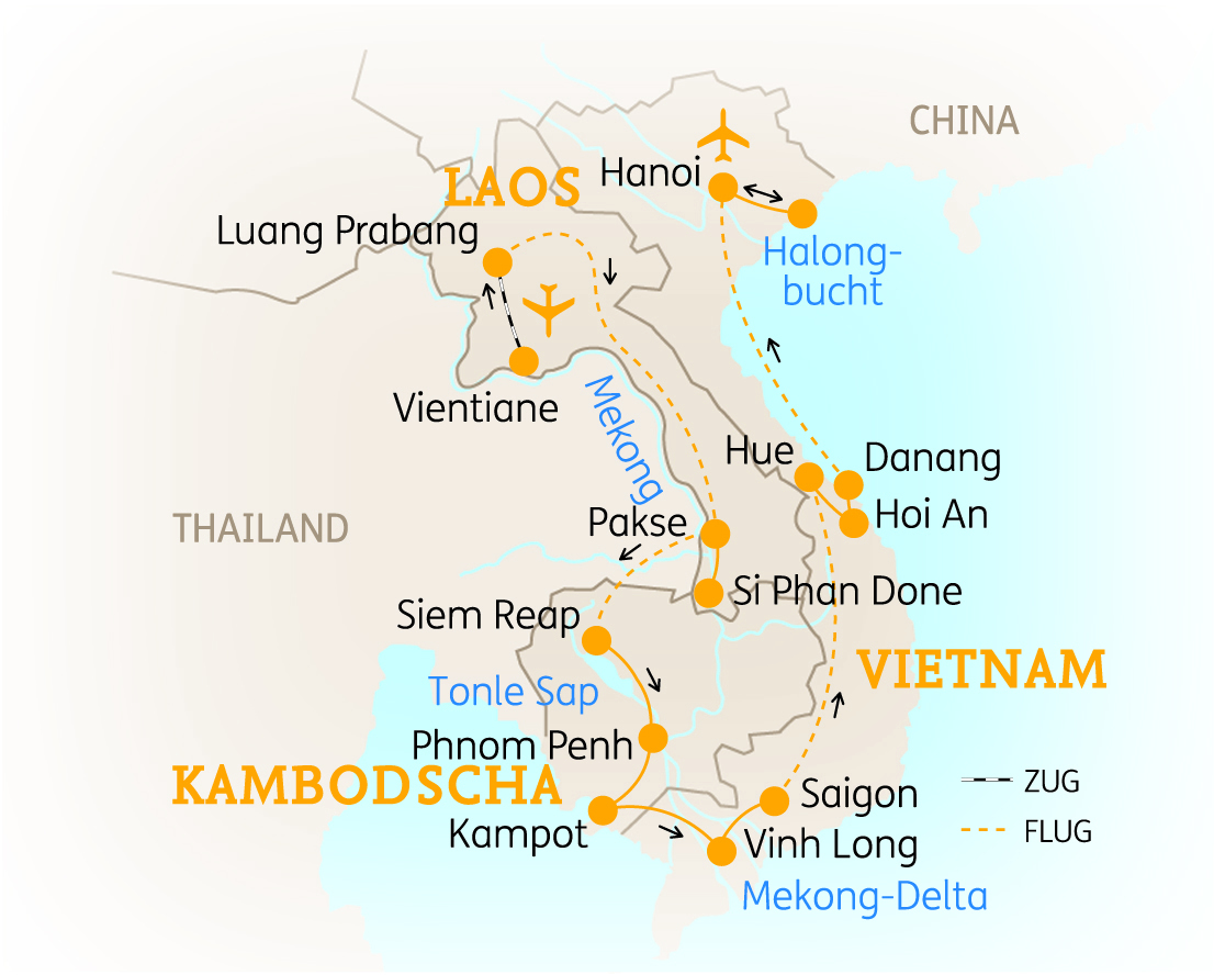 Karte von Laos, Kambodscha und Vietnam mit wichtigen Städten und Verkehrsverbindungen.