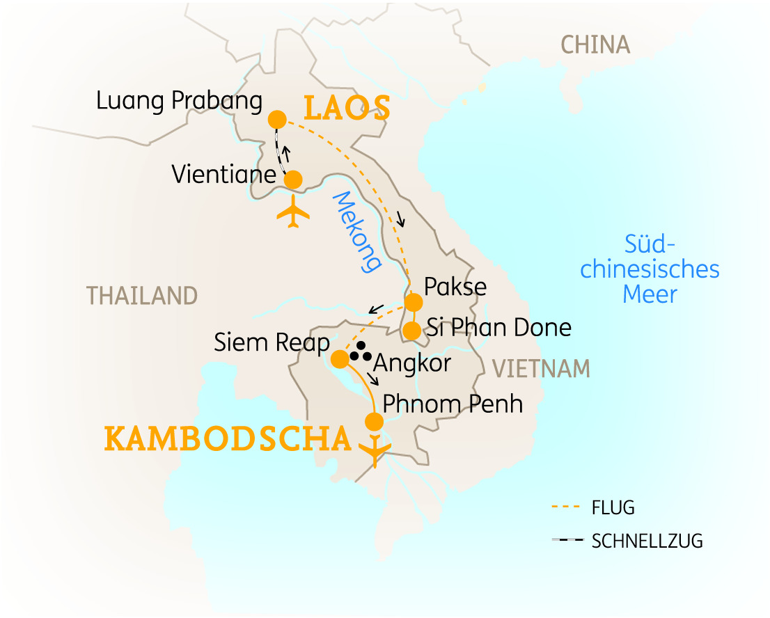 Karte von Laos und Kambodscha mit wichtigen Städten und dem Mekong-Fluss.