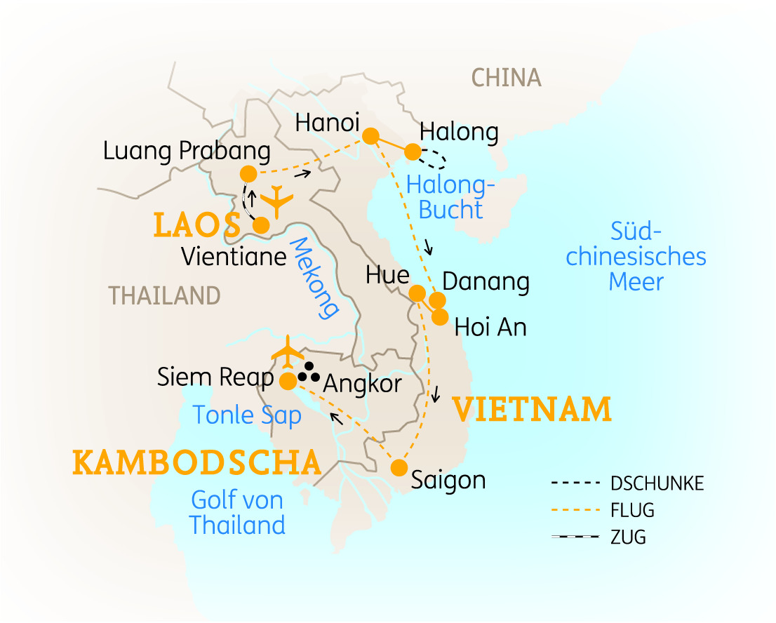 Karte von Laos und Vietnam mit wichtigen Städten und Routen, einschließlich Hanoi, Vientiane und Siem Reap.