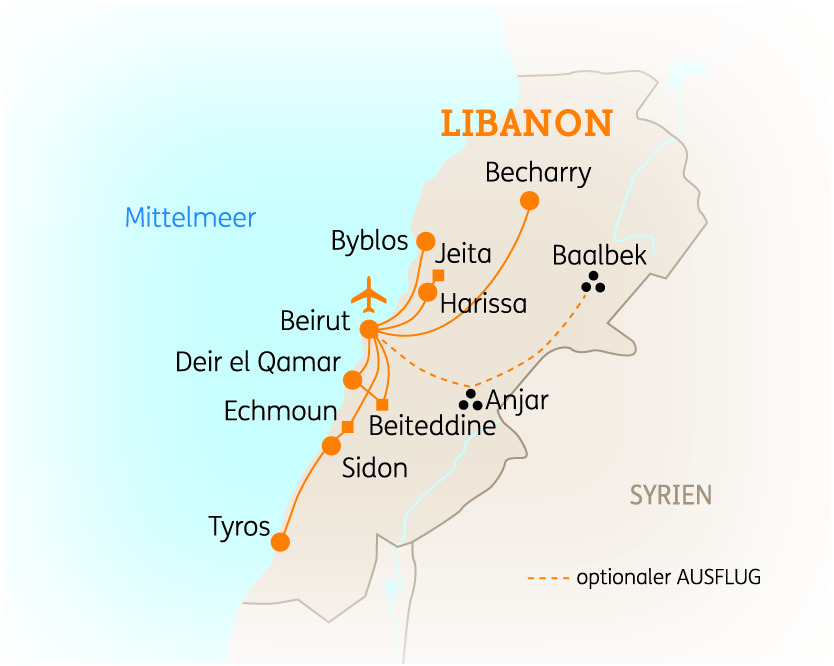 Karte des Libanon mit wichtigen Städten und Sehenswürdigkeiten wie Beirut, Byblos und Baalbek.