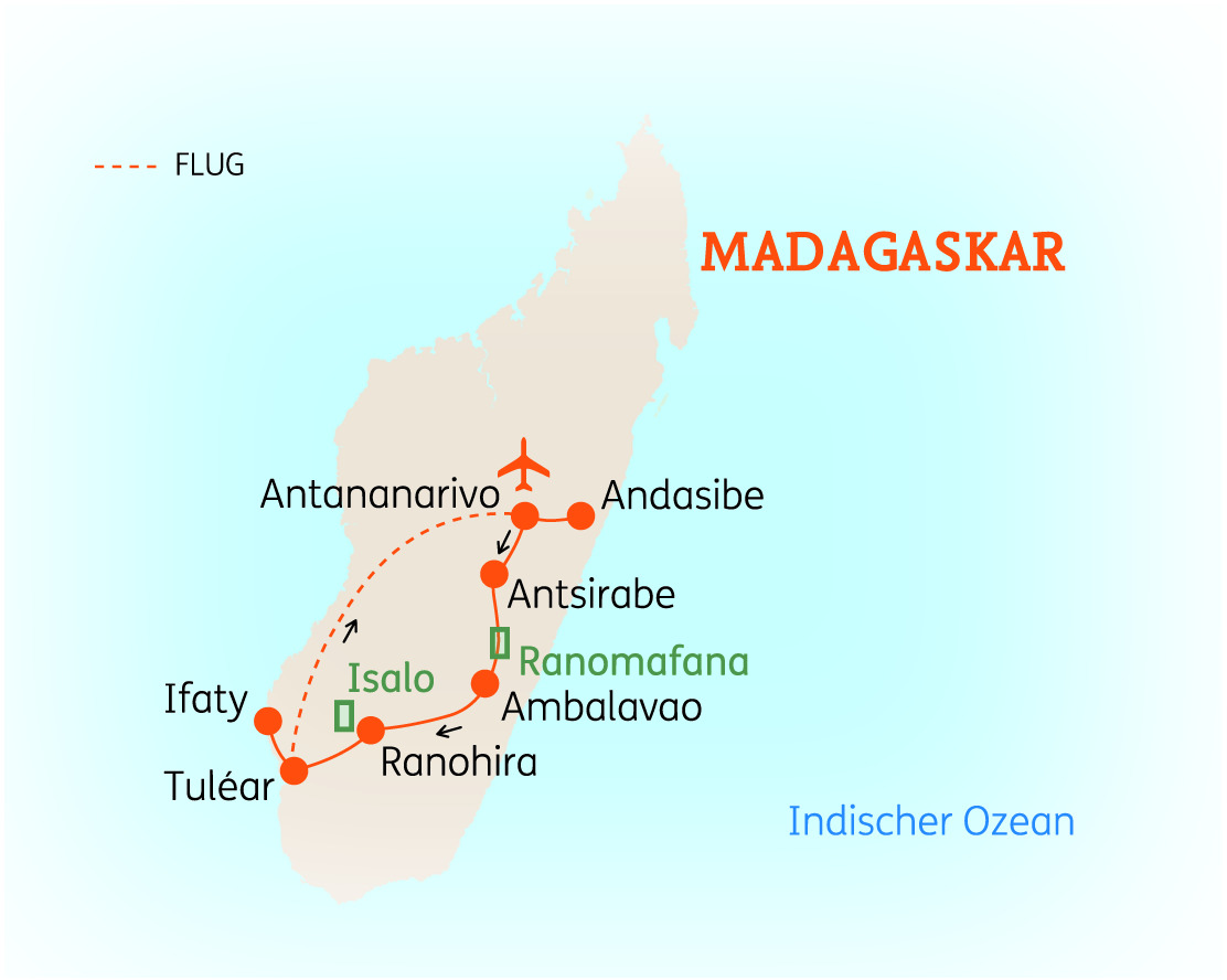 Karte von Madagaskar mit wichtigen Städten und Routen, einschließlich Antananarivo, Andasibe und Ranomafana.