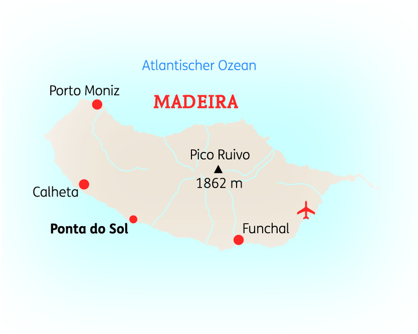 Karte von Madeira mit wichtigen Orten wie Funchal, Pico Ruivo und Porto Moniz, sowie dem Atlantischen Ozean.