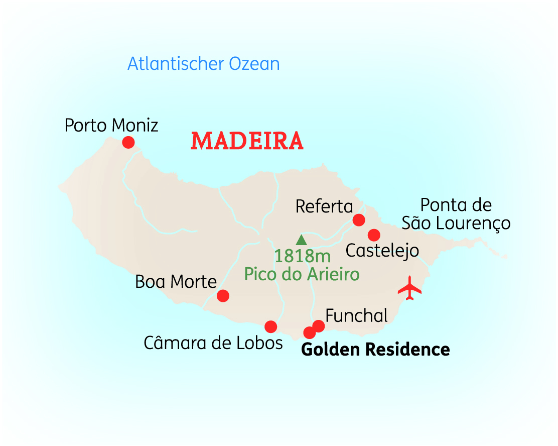 Karte von Madeira mit wichtigen Orten wie Funchal und Golden Residence sowie dem Pico do Arieiro.