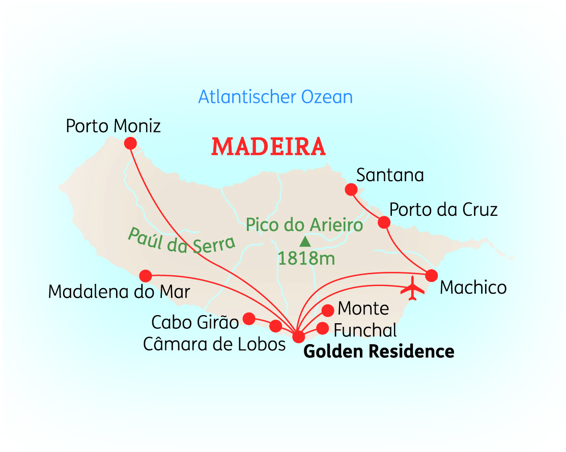 Karte von Madeira mit markierten Orten wie Porto Moniz, Santana und Golden Residence.