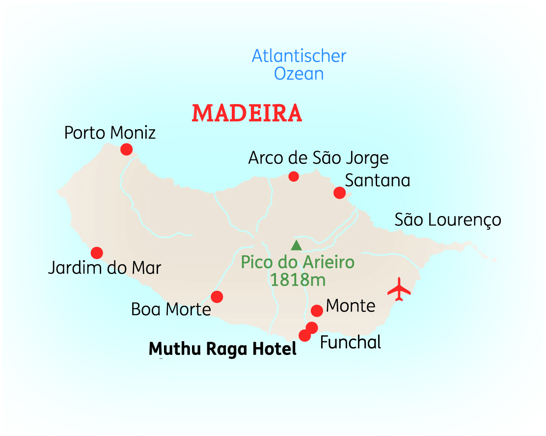 Karte von Madeira mit wichtigen Orten und dem Muthu Raga Hotel, einschließlich Pico do Arieiro.