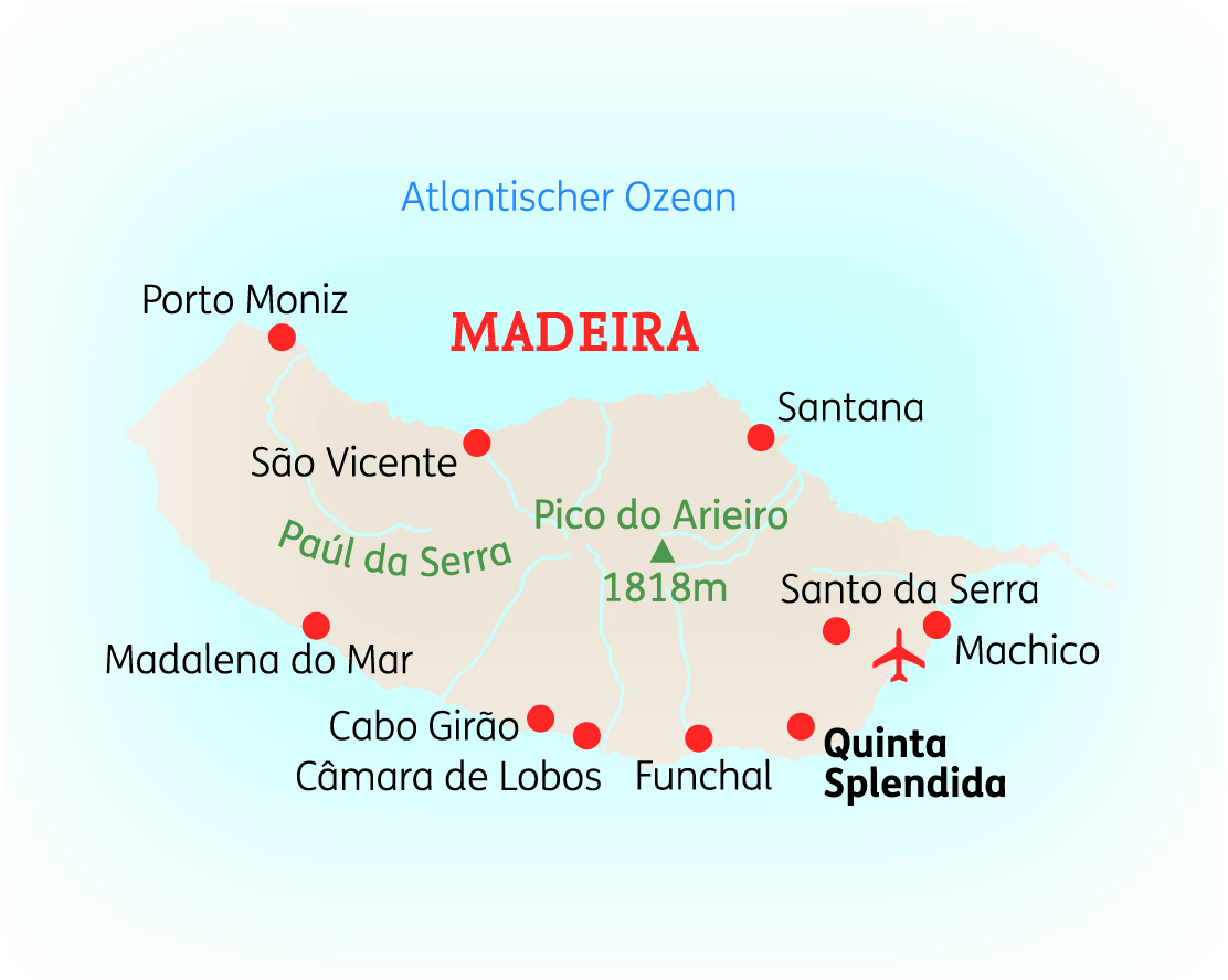 Karte von Madeira mit wichtigen Orten und Höhenangaben, einschließlich Pico do Arieiro und Funchal.