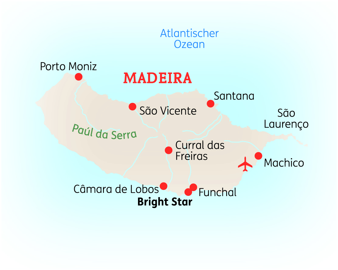Karte von Madeira mit markierten Städten und dem Atlantischen Ozean im Hintergrund.