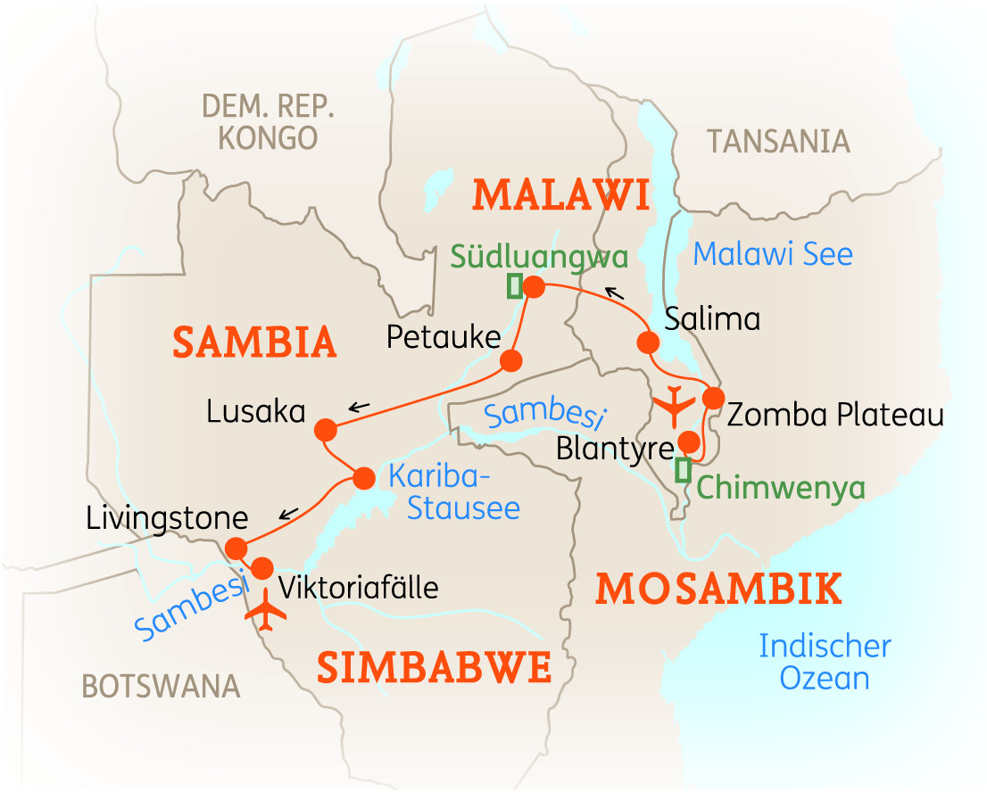 Karte von Malawi, Sambia, Simbabwe und Mosambik mit wichtigen Orten und Routen.