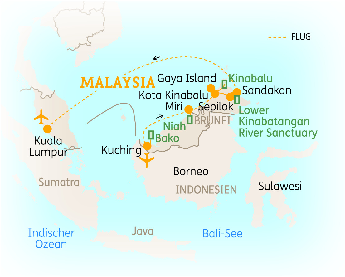Karte von Malaysia mit wichtigen Städten und Reiserouten, einschließlich Kuala Lumpur und Borneo.